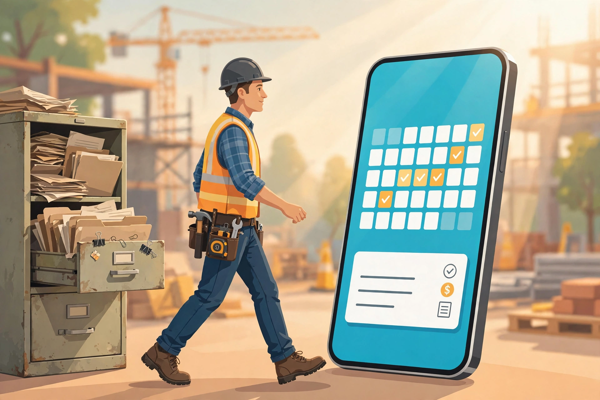 Contractor moving business data from an old filing cabinet to a modern smartphone app