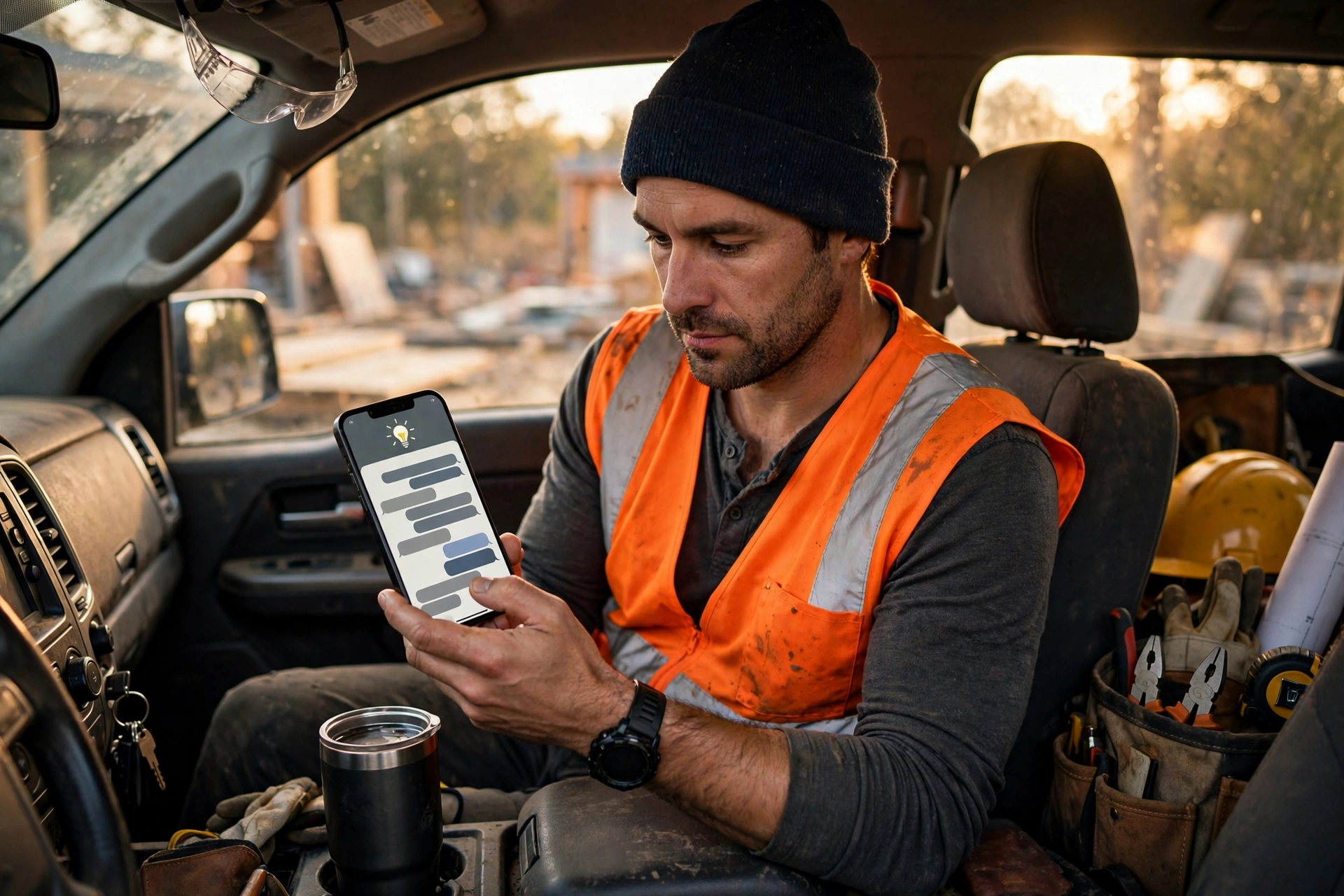 Contractor in a work truck reviewing an AI assistant chat on a smartphone